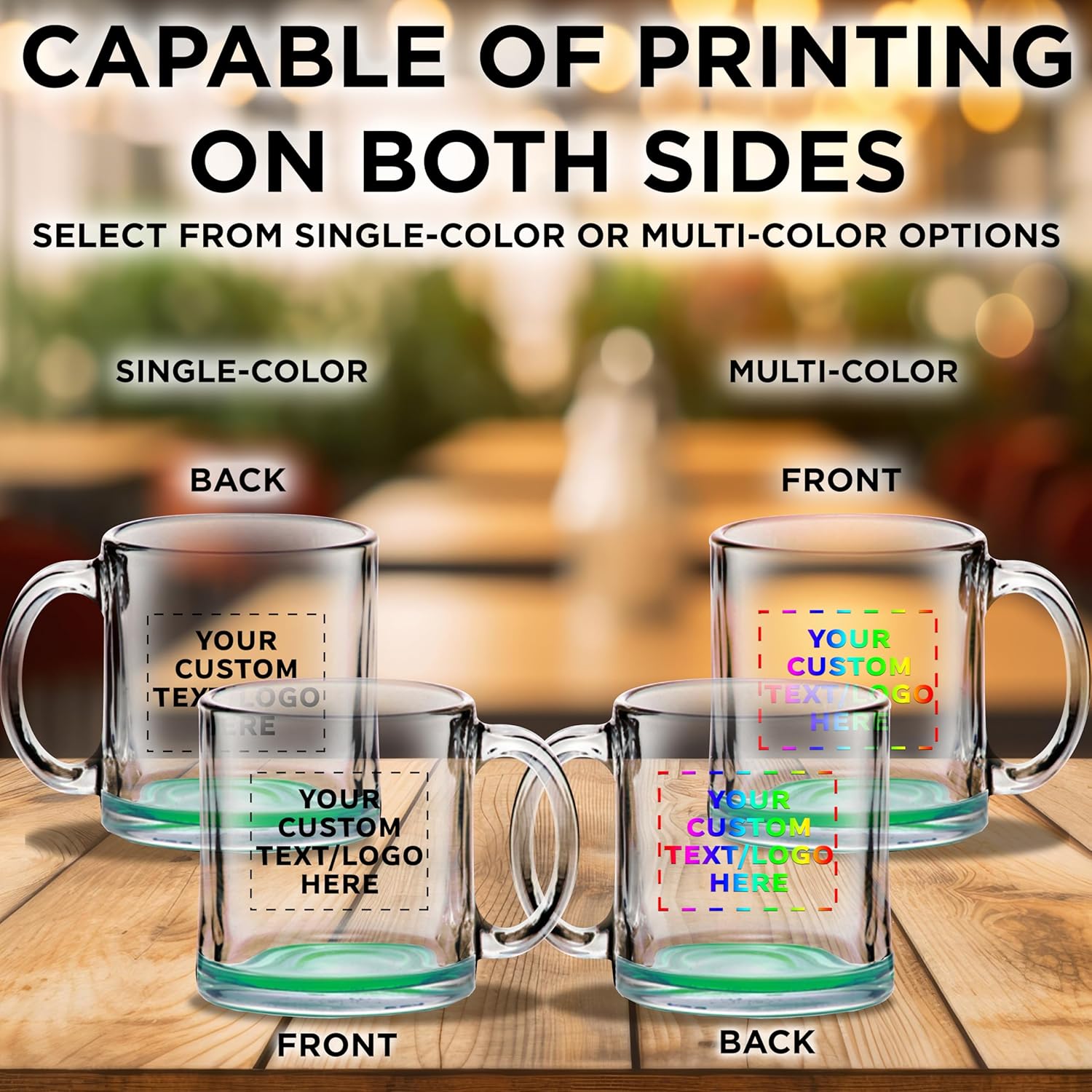 Custom Libbey Clear Glass Coffee Mugs 13 oz. Set of 100, Personalized Bulk Pack - Perfect for Coffee, Tea, Espresso, Hot Cocoa, Other Beverages - Green Bottom