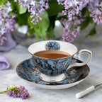 Floral Tea Cups Saucers Set of 2, Van Gogh Paintings Bone China 7 oz British Teacups Porcelain Coffee Cup for Rose Tea Cappuccino Espresso Latte (Apricot & Peach Blossom)