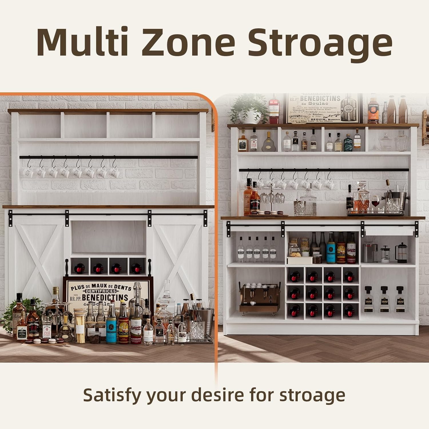 4ever2buy Farmhouse Coffee Bar Cabinet with 4 Storage Hutch, 55 Inch Wine Bar with 12 Wine Racks and 8 Hooks, Hutch Storage Cabinet with Sliding Barn Doors for Kitchen Dining Living Room, White