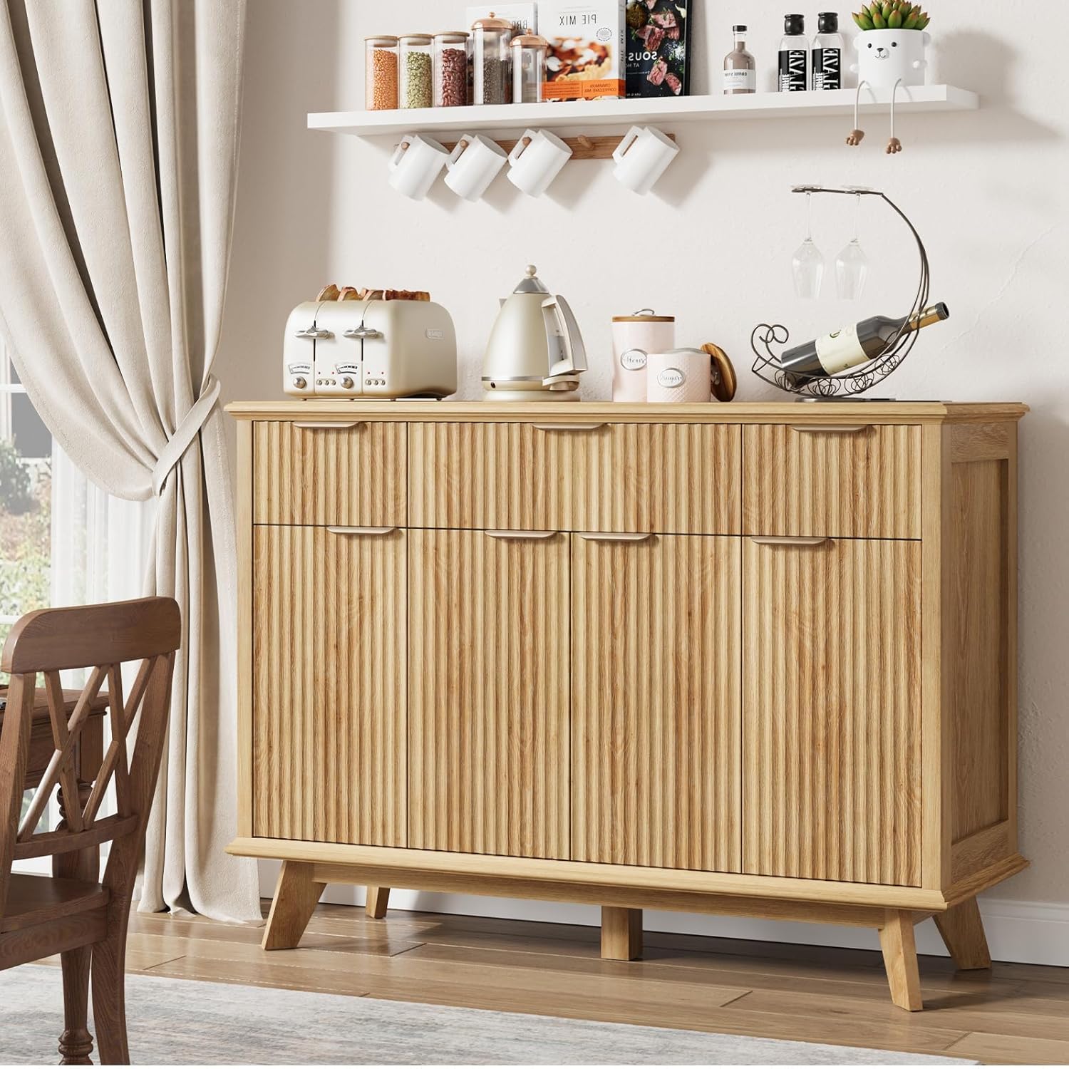 QUW Fluted Sideboard Buffet Cabinet with Charging Station, 47.2" Kitchen Storage Cabinet with Drawers and Adjustable Shelves, Modern Coffee Bar Kitchen Table for Dining Room, Living Room, Natural Oak