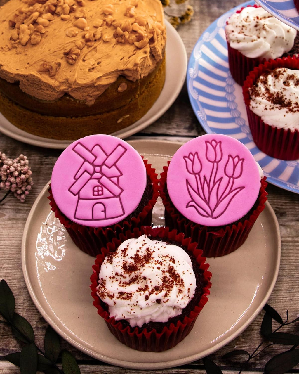 BAKERLOGY Spring Whispers - Mini 2" Cookie Cutter & Stamp Set - Tulip Garden & Windmill Design for Easter & Spring Cookies, Cupcakes & Fondant Decorations