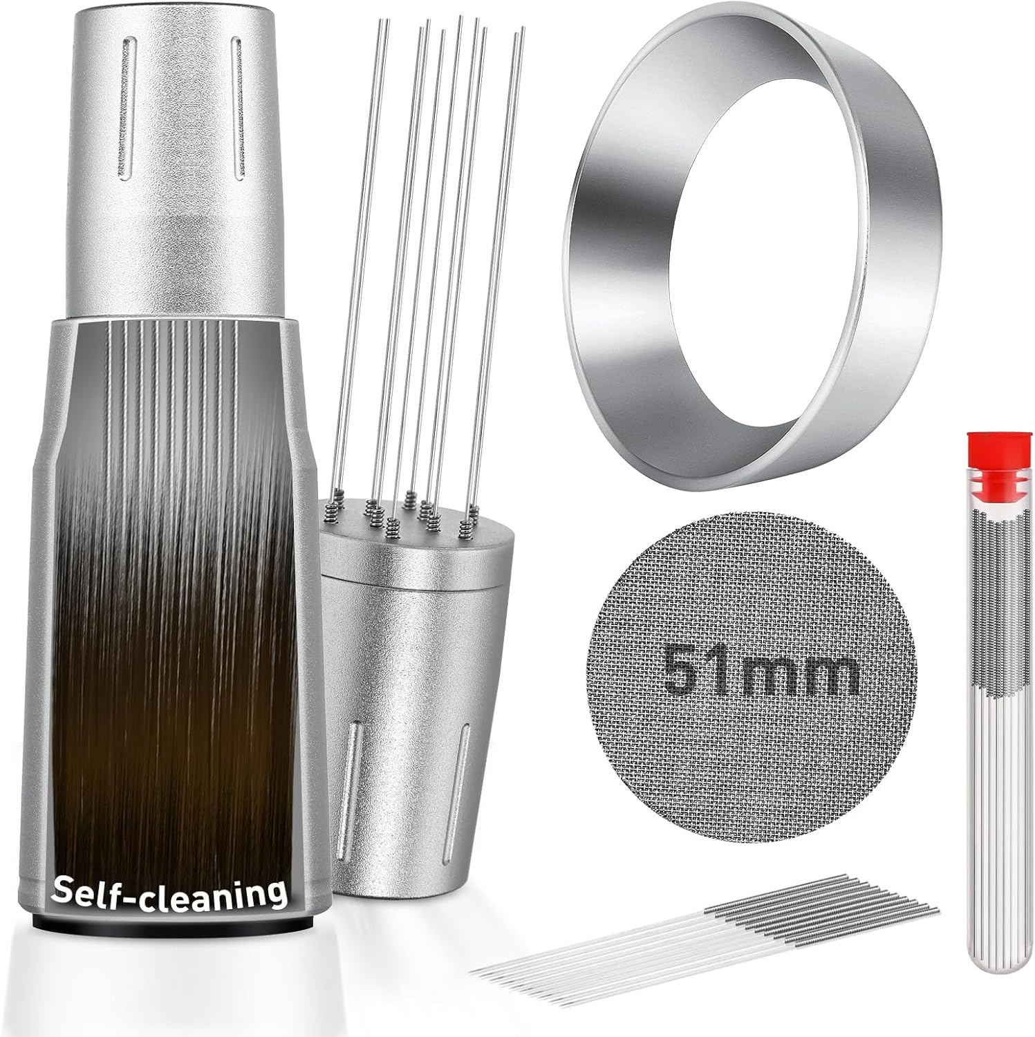 WDT Tool Espresso Distributor Accessory kit &1.7mm Thickness 150μm Mesh Puck Screen & 8 Magnets dosing ring Compatible with Breville Portafilter (WDT +51MM silver dosing ring&puck screen)