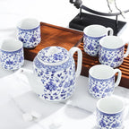fanquare Chinese Blue and White Porcelain Teapot Set Traditional Kung Fu Tea Sets with 6 Cups for Loose Leaf Tea Adults