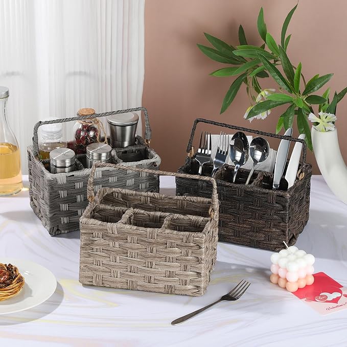 Silverware Holder for Party Plastic Utensil Holder Wicker Silverware Caddy Cutlery Holder with Handle Spoon and Fork Organizer Dark Gray Utensil Caddy for Kitchen Counter