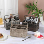 Silverware Holder for Party Plastic Utensil Holder Wicker Silverware Caddy Cutlery Holder with Handle Spoon and Fork Organizer Light Gray Utensil Caddy for Kitchen Counter