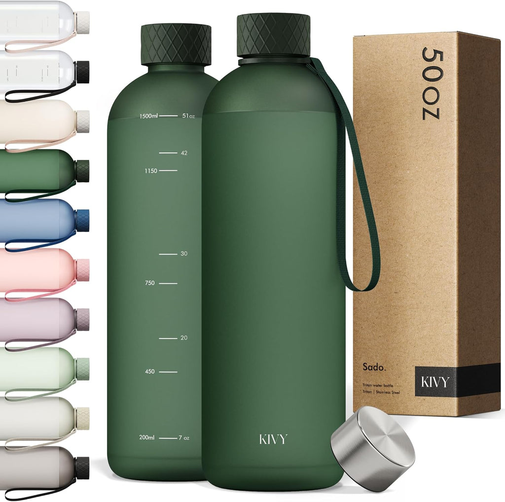 KIVY Large Water Bottle 50oz [Lightweight & Shatterproof] Fits Backpack & Cupholder for Travel, Sports, School - Dark Green water bottle no straw - 1.5 Liter water bottles - 50oz Water bottle