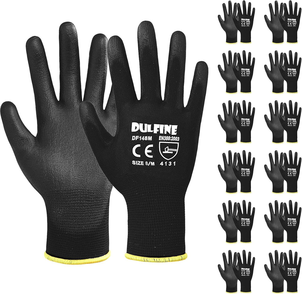 DULFINE Ultra-Thin PU Coated Work Gloves-12 Pairs,Excellent Grip,Nylon Shell Black Polyurethane Coated Safety Work Gloves, Knit Wrist Cuff,Ideal for Light Duty Work. (XX-Large)