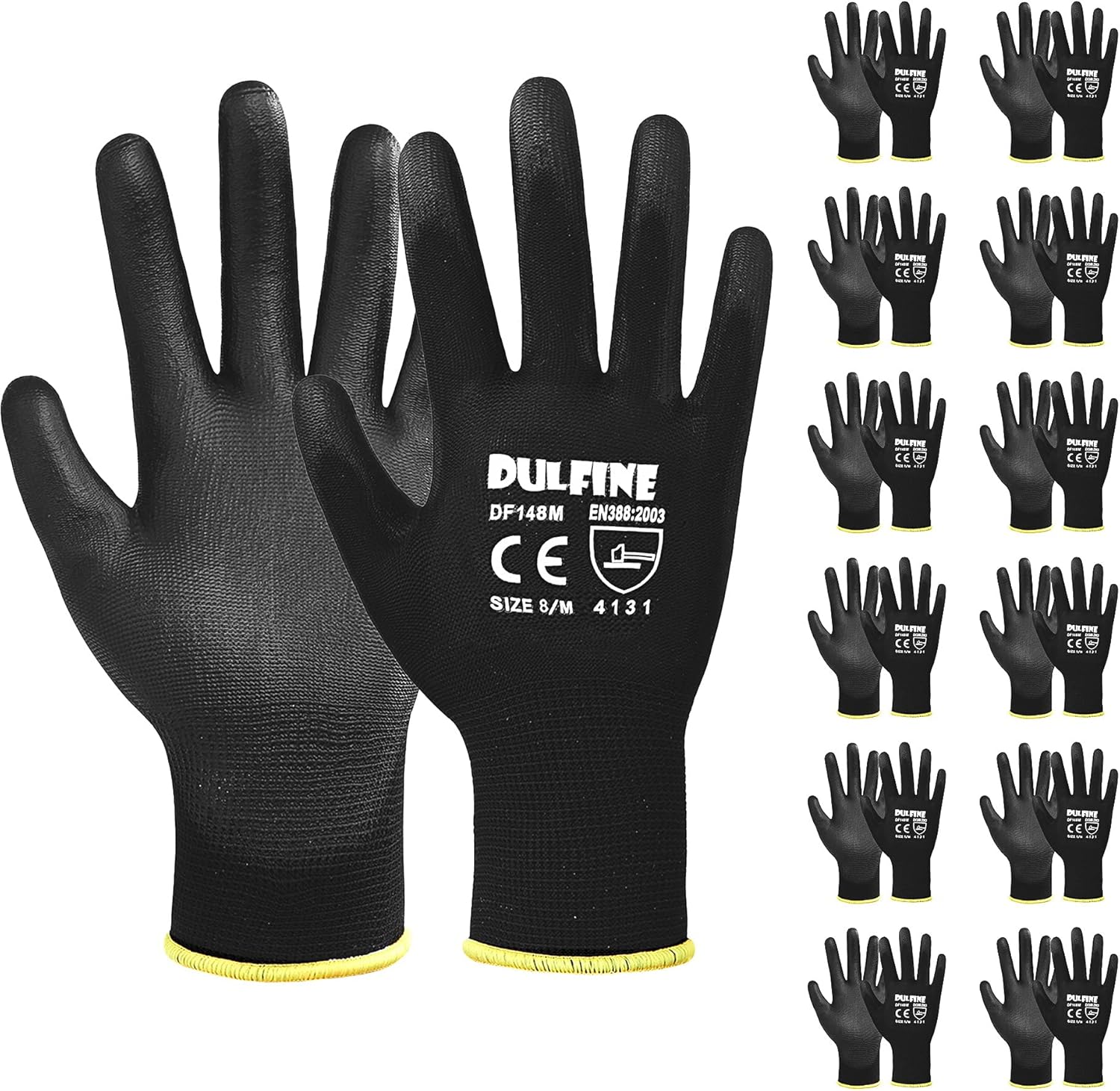 DULFINE Ultra-Thin PU Coated Work Gloves-12 Pairs,Excellent Grip,Nylon Shell Black Polyurethane Coated Safety Work Gloves, Knit Wrist Cuff,Ideal for Light Duty Work. (XX-Large)