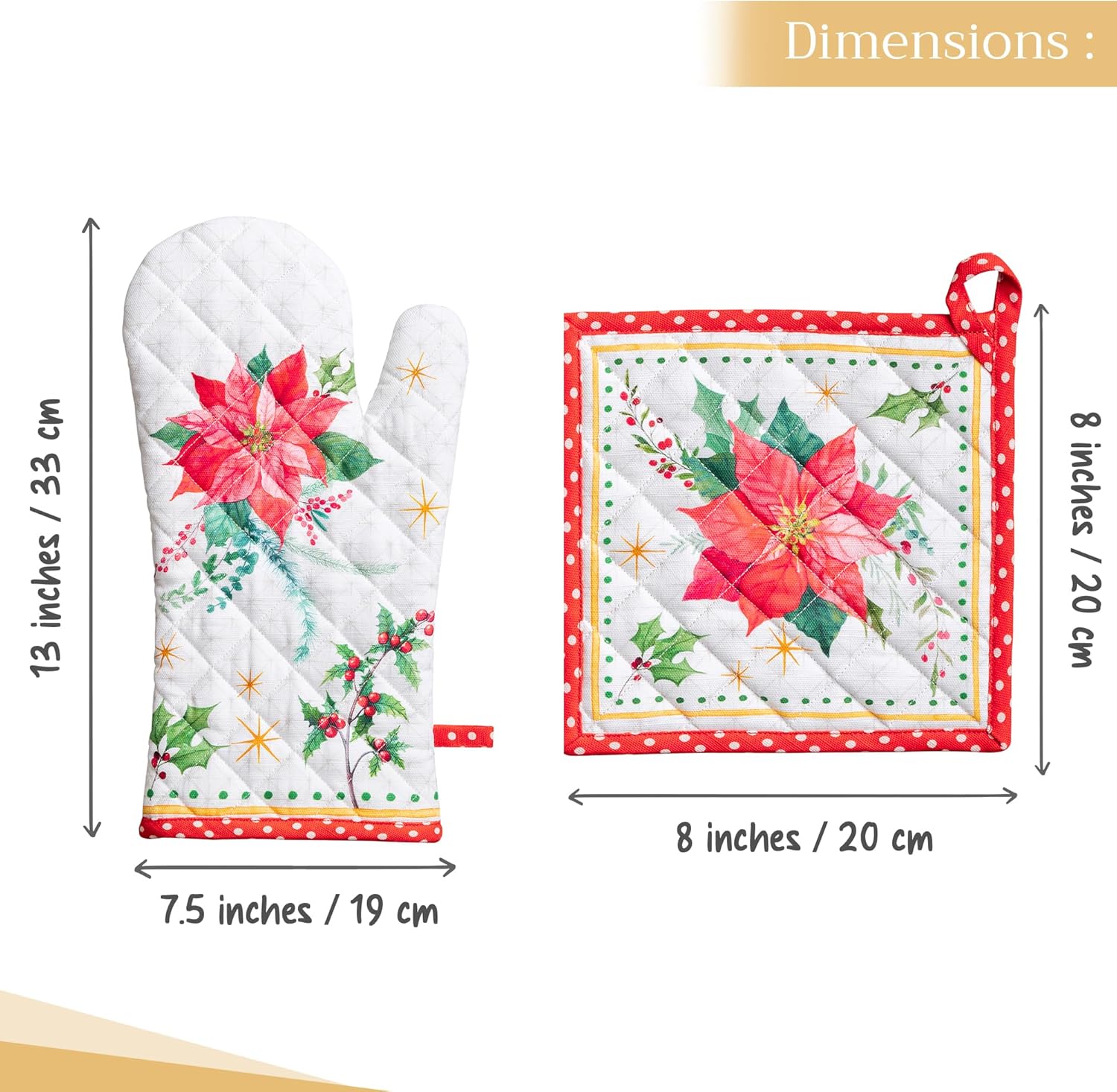 Maison d' Hermine 100% Cotton Oven Mitt & Pot Holder Set (7.5"x13" & 8"x8") Heat Resistant BBQ Cooking Gloves with Loop, Baking, Grilling, Kitchen, Handling Hot Pans (Poinsettia Christmas)