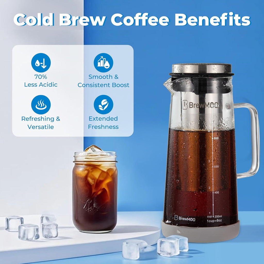 BrewMOO- Airtight Cold Brew Coffee Maker Pitcher, 1.0L/34Oz Thick Glass Carafe with Filter, Comfort Sturdy Handle & Wide Spout, Non-Slip Base | Iced Tea Maker (Grey)