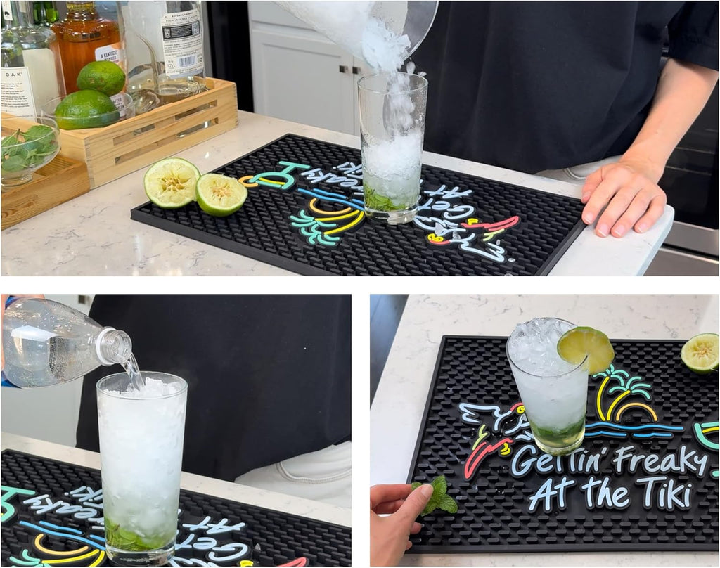 Gettin Freaky at The Tiki Sign with Flying Parrot, Palm Tree and Cocktail Tiki Bar Mats for Countertop 18 x 12in, Coffee Station Mat and Coffee Bar Mat, Aloha, Hawaiian and Luau Party Decorations