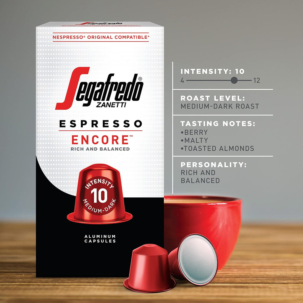 Segafredo Zanetti Espresso Capsules – Aluminum Pods for Nespresso Original Machines – Medium-Dark Roast Premium Espresso with a Rich Aroma – Balanced, Intensity 10 – Encore, 10 Count (Pack of 4)