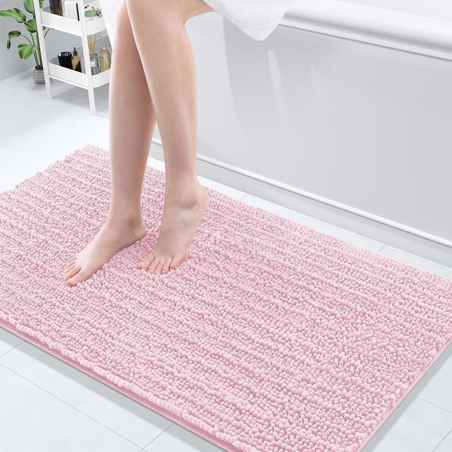 Arotive Luxury Chenille Bathroom Rug Mat, Extra Soft Thick Absorbent Shaggy Bath Rugs, Non-Slip Machine Wash Dry, Plush Bath Mats for Bathroom, Shower and Tub, 54x24, Pink