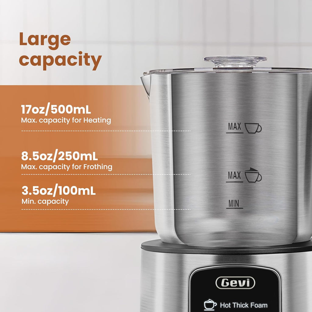 Gevi Hot Chocolate Maker with 5 in 1 Milk Frother and Steamer, Professional Milk Steamer, 17 oz/3.5 oz, Stainless Steel, Hot and Cold Milk Frother for Latte, Macchiato, Cappuccino and Hot Chocolate