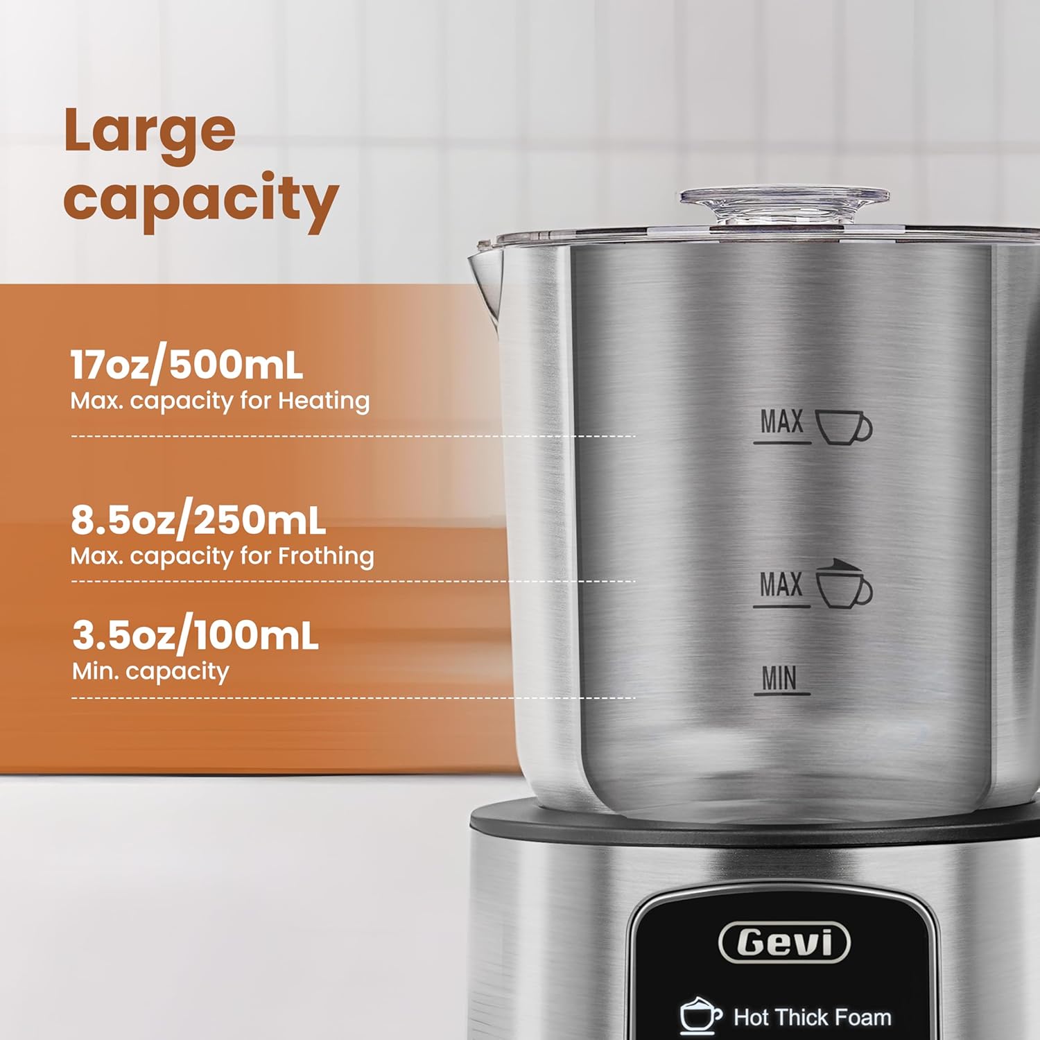 Gevi Hot Chocolate Maker with 5 in 1 Milk Frother and Steamer, Professional Milk Steamer, 17 oz/3.5 oz, Stainless Steel, Hot and Cold Milk Frother for Latte, Macchiato, Cappuccino and Hot Chocolate