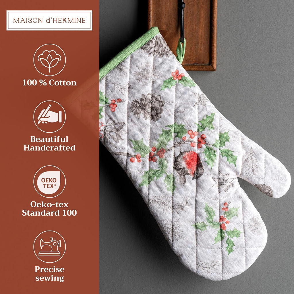 Maison d' Hermine Oven Gloves 100% Cotton Oven Mitt 7" x 13" with Loop Heat Resistant, BBQ, Cooking Gloves, Baking, Grilling, Kitchen, Handling Hot Pans (Pack of 1, Christmas Dew)