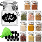 ComSaf 4 oz Glass Jars with Lid, Set of 12 Mini Airtight Glass Jars, Spice Jars, Small Mason Jar, Canning Jar Square with Seal Wire Clip Fastening, Labels & Funnels for Jam, Honey, Kitchen, Wedding