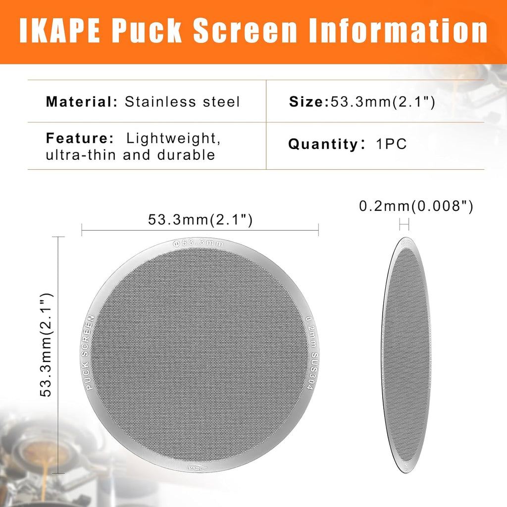 IKAPE 53.3mm Espresso Puck Screen, 0.2mm Thickness, Reusable Metal Ultra-thin & Ultra-light Coffee Filters, Food-grade 316 Stainless Steel Coffee Puck Screen for Espresso Baristas