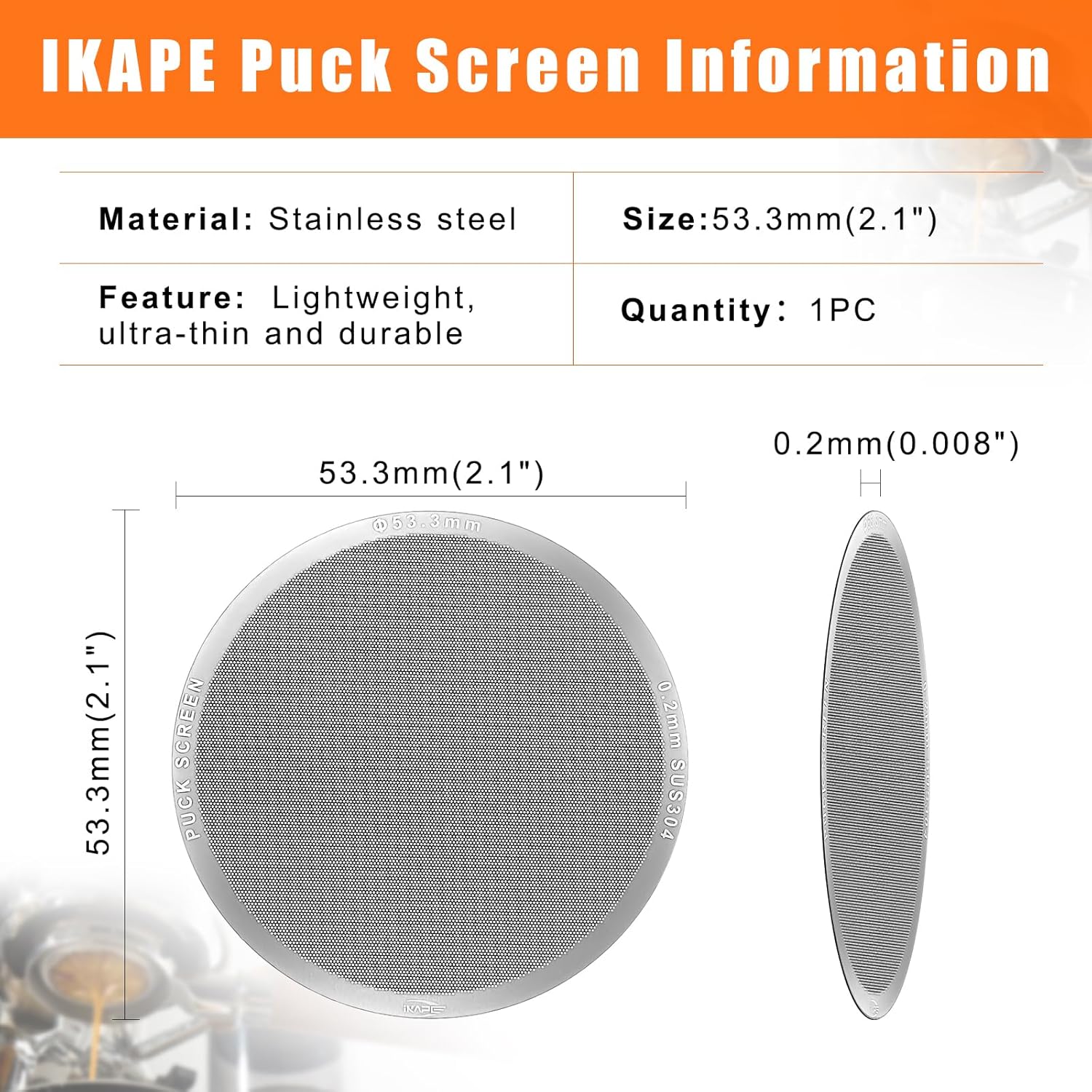 IKAPE 53.3mm Espresso Puck Screen, 0.2mm Thickness, Reusable Metal Ultra-thin & Ultra-light Coffee Filters, Food-grade 316 Stainless Steel Coffee Puck Screen for Espresso Baristas