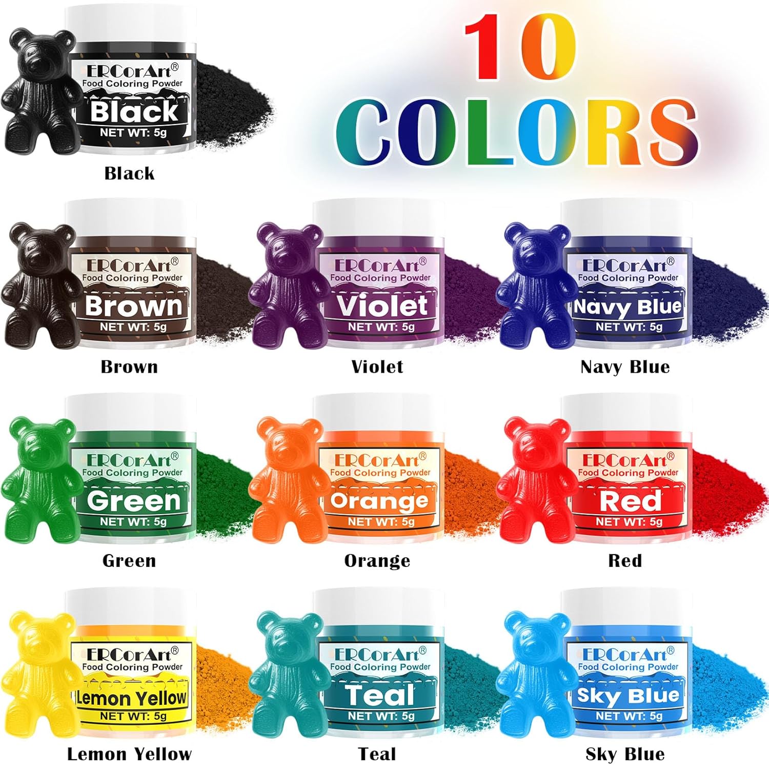 Food Coloring Powder - ERCorArt 10 Vivid Colors Powder Food Dye, Highly Concentrated Flavorless Food Coloring for Baking, Frosting, Cake Decorating, Icing, Cookies, Slime - 5g/Bottle