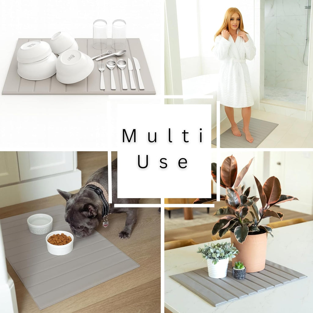 25" x 15" Large Stone Dish Drying Mat for Kitchen Counter - Quick Dry Super Absorbent Diatomaceous Earth Pad for Dishes - Our Natural Foldable Water Absorbing Mats Are Odorless and Food-Safe - Gray