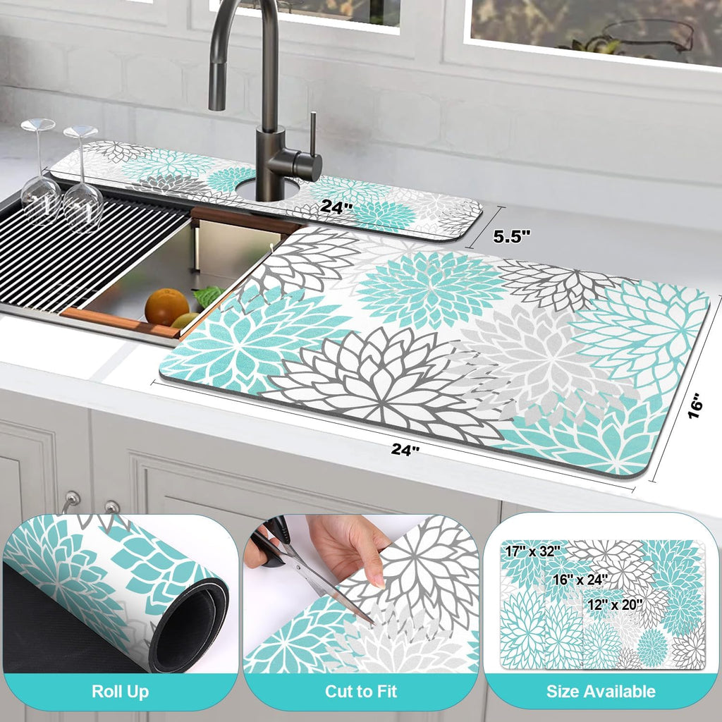 Findosom 2PCS 16" x 24" Dish Drying Mat & 24" x 5.5" Sink Splash Guard, Super Absorbent & Cuttable Dish Mat Drying Kitchen Mat with Teal Floral, Hide Stain Drying Mat for Kitchen Counter