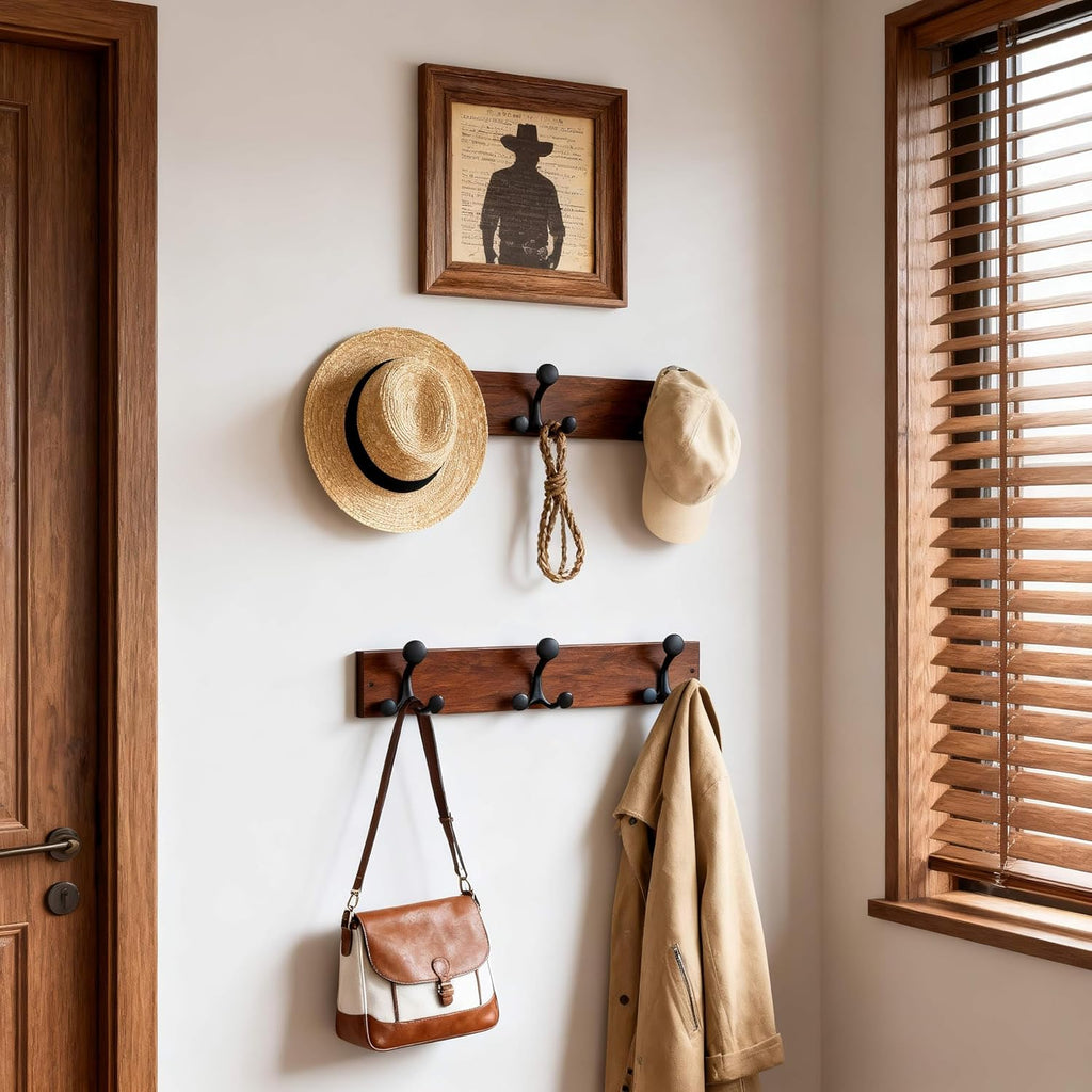 SKOLOO 17-Inch Wood Coat Rack Wall Mount with 3 Triple Hooks - Ideal for Family Entrances, Classrooms, and Pet Supplies Storage - Perfect Coat Hooks for Wall,Mahogany (Sapele)