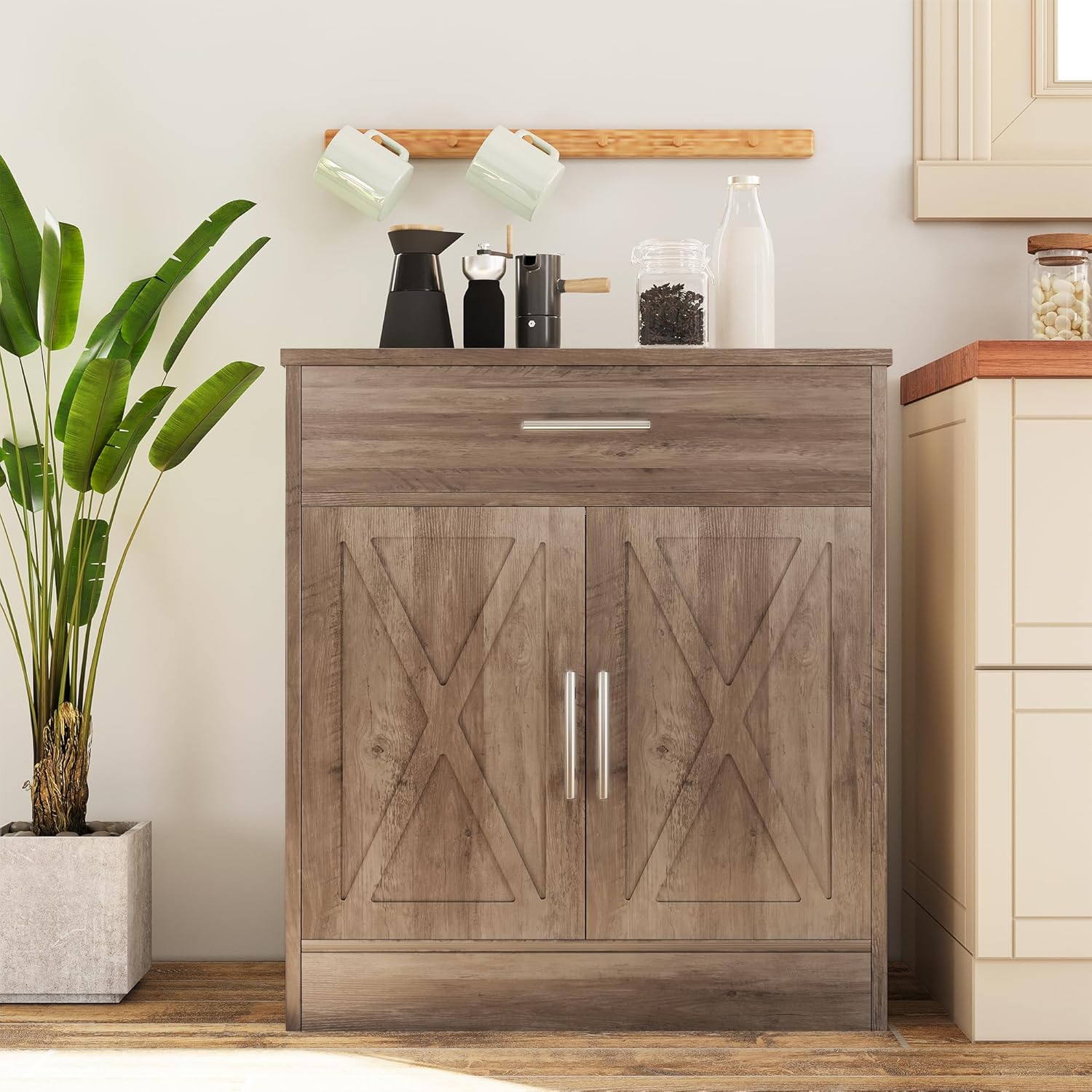 Vongrasig Sideboard Buffet with Storage, Modern Kitchen Storage Cabinet with 1 Drawer and 2 Doors, Wood Coffee Bar Buffet Table for Kitchen, Dining Room, Ash Grey