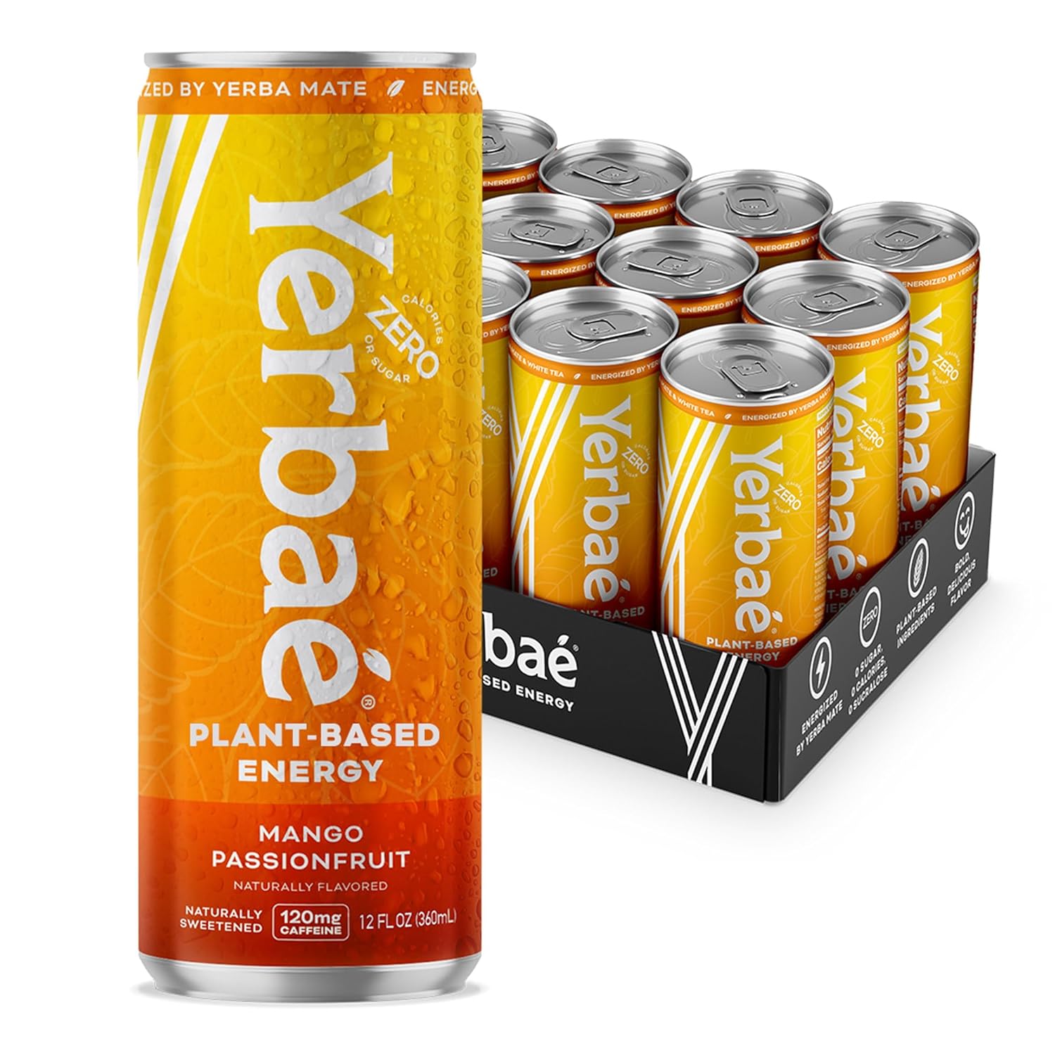 Yerbaé Energy Beverage, Mango Passion Fruit, 120mg Caffeine. No Sugar/Calories/Carbs, Energized by Yerba Mate, Plant-Based, Healthy Alternative to Sugary Drinks, Pack of 12, 12oz cans