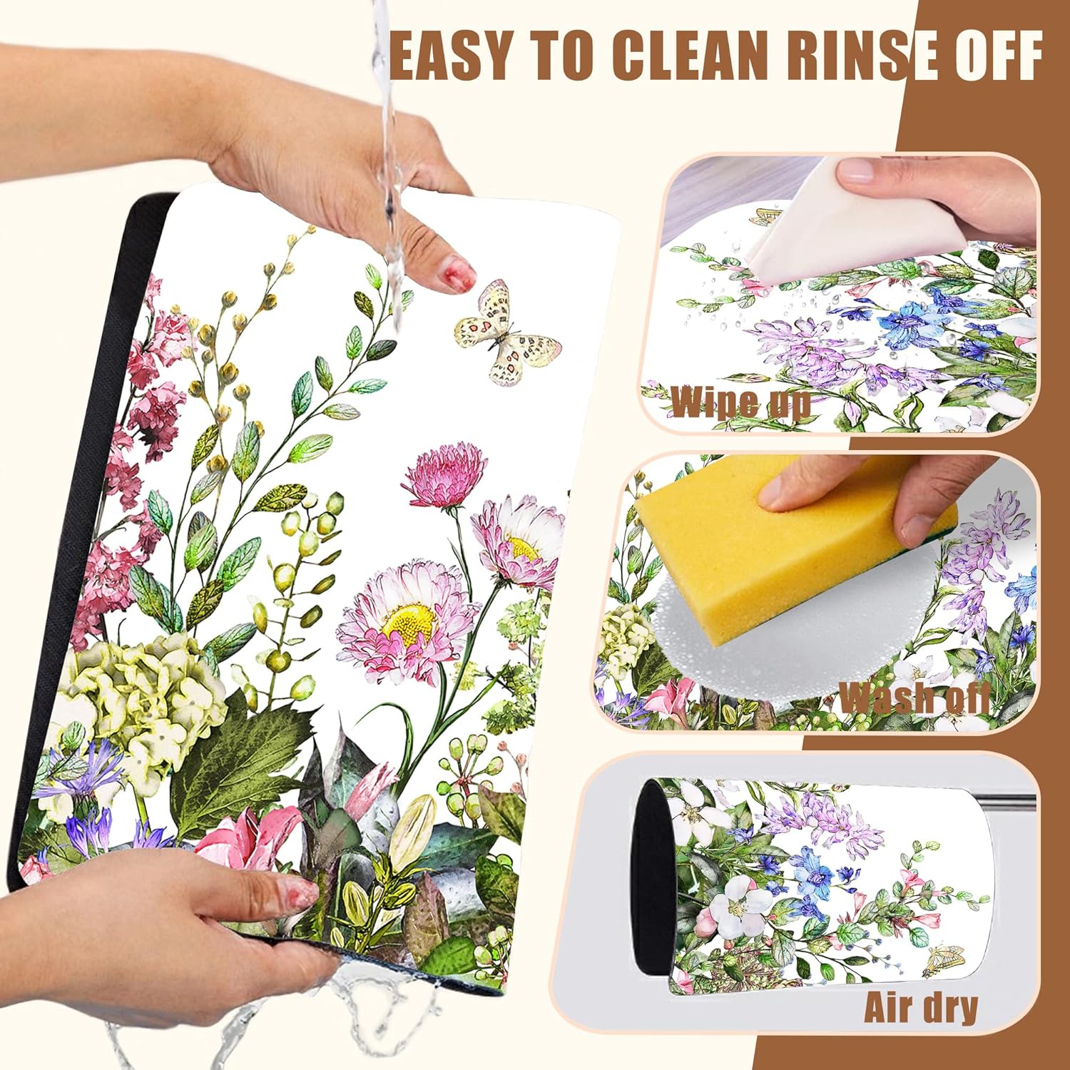 Watercolor Flower and Butterfly Dish Drying Mat for Kitchen Counter Absorbent Coffee Mat with Hide Stain Rubber Backed Espresso Machine Coffee Bar Accessories 11.8 x 19.7 Inch