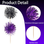 40 PCS Foil Firework Cupcake Toppers Sparkle Tinsel Cupcake Picks Fireworks Birthday Party Decorations Cocktail Fruit Toothpick for Birthday Wedding Graduation Party Decorations Supplies Black Purple