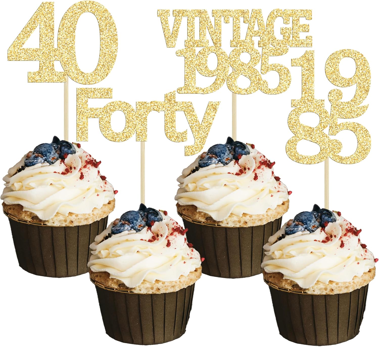 Gyufise 24Pcs Happy 40th Birthday Cupcake Toppers Glitter Forty 40 Fabulous Vintage 1985 Cake Toppers for 40th Birthday Wedding Anniversary Party Cake Decorations Supplies Gold