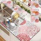 Findosom 2PCS 16" x 24" Christmas Dish Drying Mat & 24" x 5.5" Sink Splash Guard, Super Absorbent & Cuttable Dish Mat Drying Kitchen Mat with Red Floral, Hide Stain Drying Mat for Kitchen Counter
