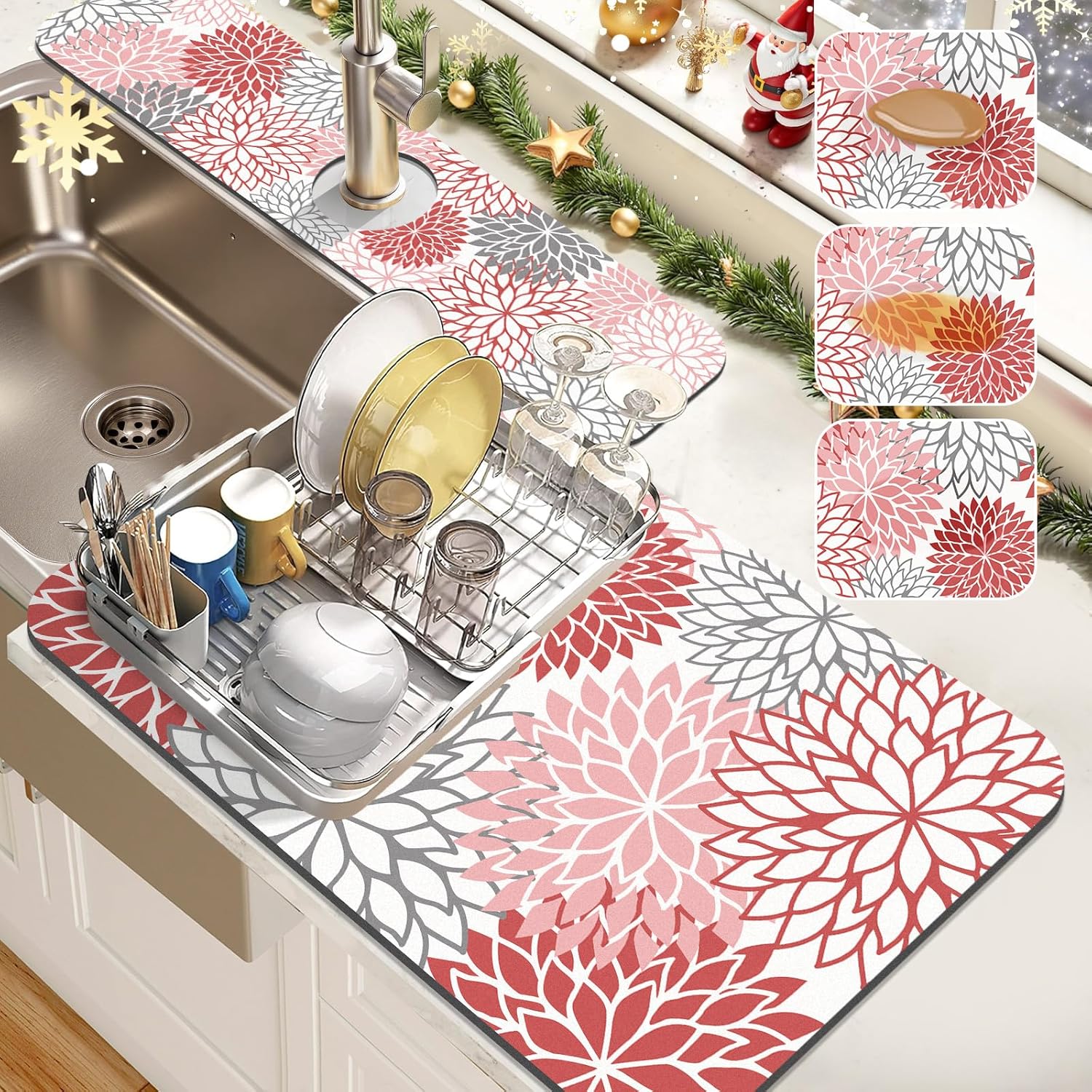 Findosom 2PCS 16" x 24" Christmas Dish Drying Mat & 24" x 5.5" Sink Splash Guard, Super Absorbent & Cuttable Dish Mat Drying Kitchen Mat with Red Floral, Hide Stain Drying Mat for Kitchen Counter