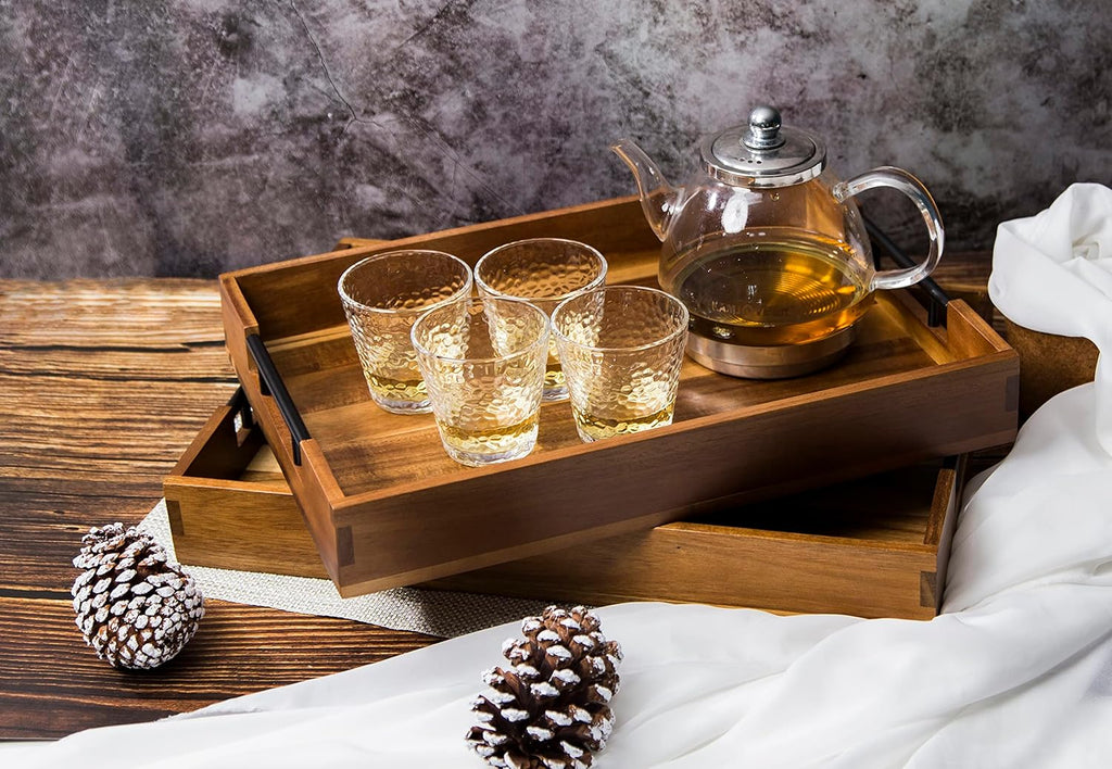 Extra-Large Wooden Tray Set of 2, (20.1'' + 18.1'') Serving Tray with Metal Handles, Rectangle Rustic Serving Trays for Breakfast, Used in Kitchen Counter, Coffee Table, Bedroom, Living Room