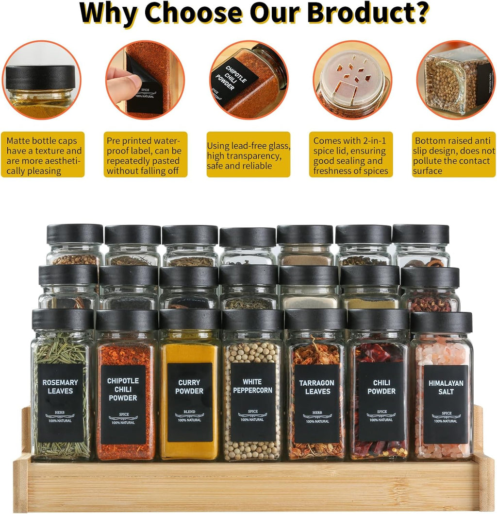36Pcs Spice Jars Containers with Labels，4oz Black Seasoning Bottles with Shaker Lids for Rack, Cabinet, Drawer,Empty Square Condiment Pots (36, Black)