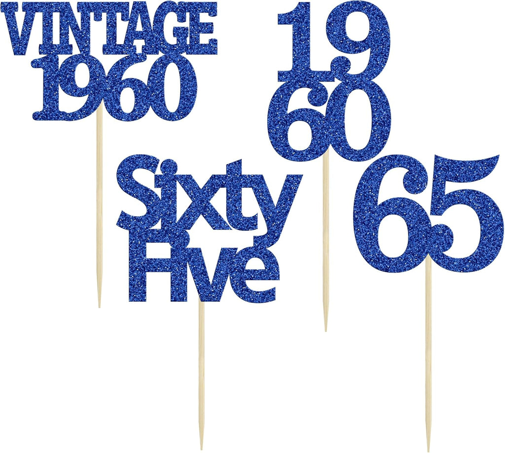 Gyufise 24Pcs Vintage 1960 Cupcake Toppers Glitter Cheers to 65 Fabulous Sixty Five Cupcake Picks 65th Birthday Wedding Anniversary Party Cake Decorations Supplies Deep Blue