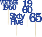 Gyufise 24Pcs Vintage 1960 Cupcake Toppers Glitter Cheers to 65 Fabulous Sixty Five Cupcake Picks 65th Birthday Wedding Anniversary Party Cake Decorations Supplies Deep Blue