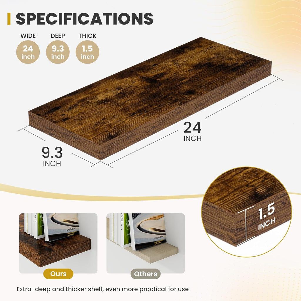 24 Inch Floating Shelves, 9.3" Deep Floating Shelf Wall Mounted, 24" Wall Shelves, Rustic Deep Bookshelf, Large Display Shelves & Storage Shelves for Bedroom, Living Room, Brown, Set of 2