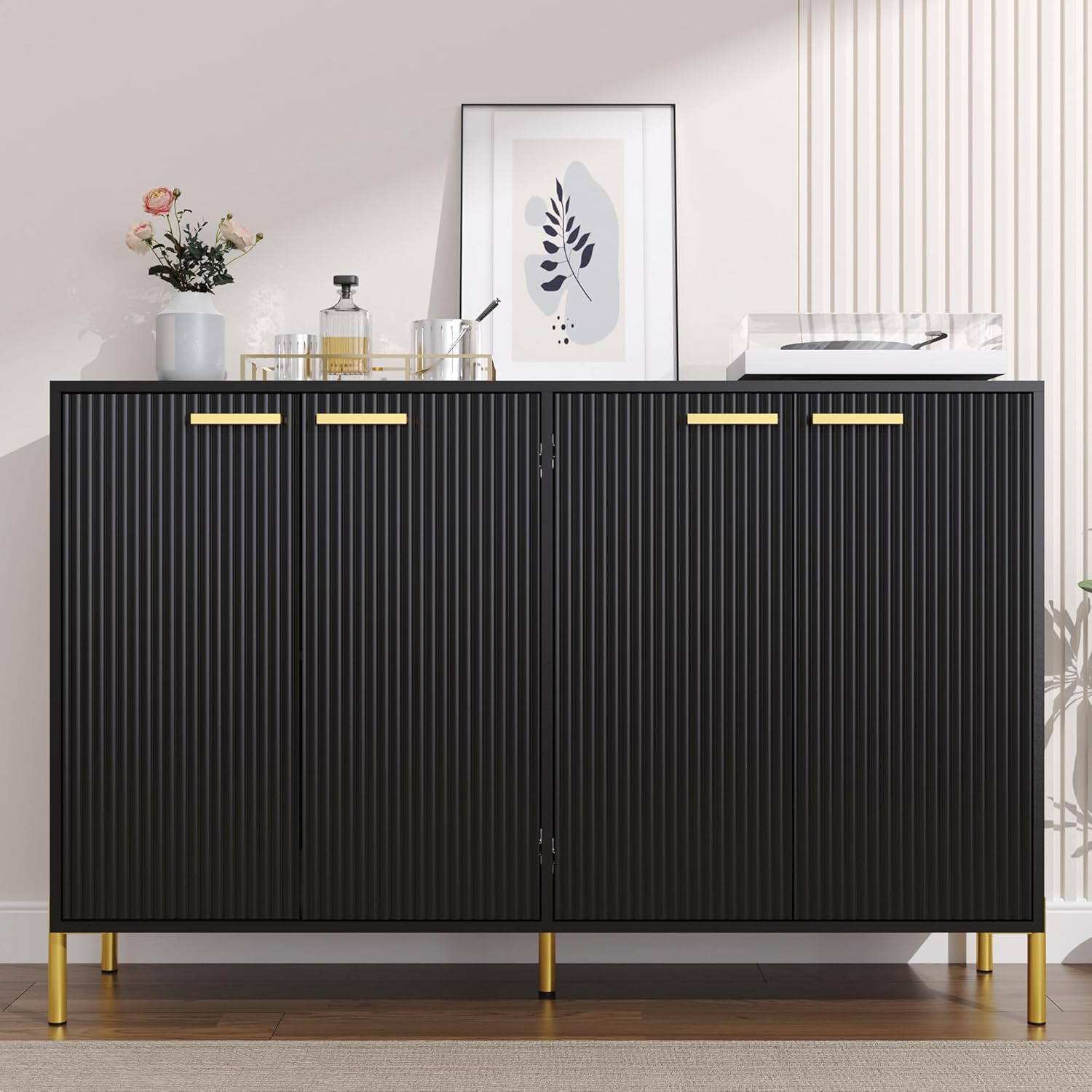 Black Fluted Sideboard Cabinet - Luxury Buffet Table with 4 Doors, Large Coffee Bar Station for Living Room, Kitchen, Hallway, Entryway Storage