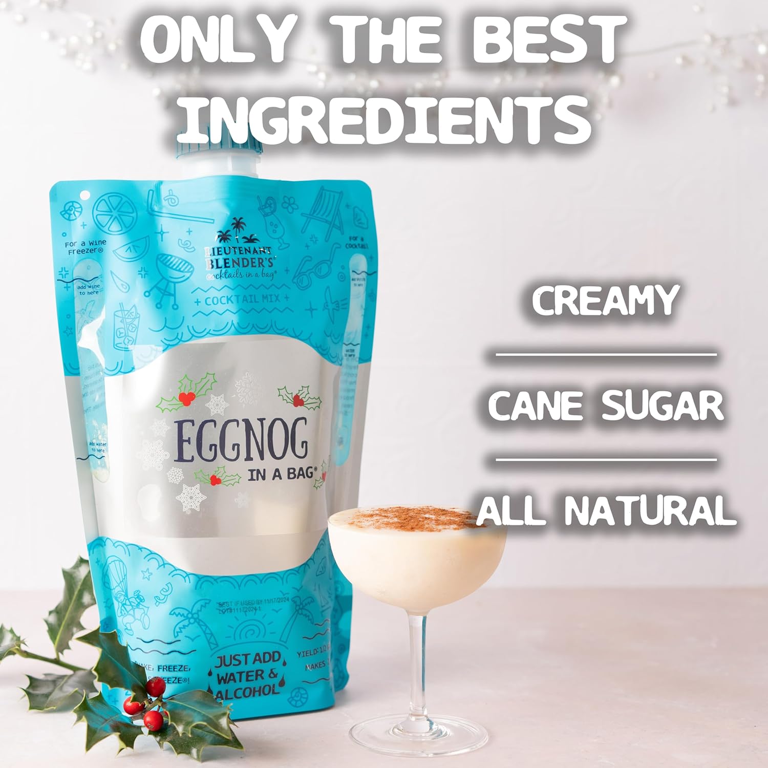 Lt. Blender's All Natural Eggnog Drink Mix for Festive Holidays, Creamy Non-Alcoholic Eggnog Cocktail Mix, Easy to Make, 16 Servings in a Resealable Bag (Pack of 1)