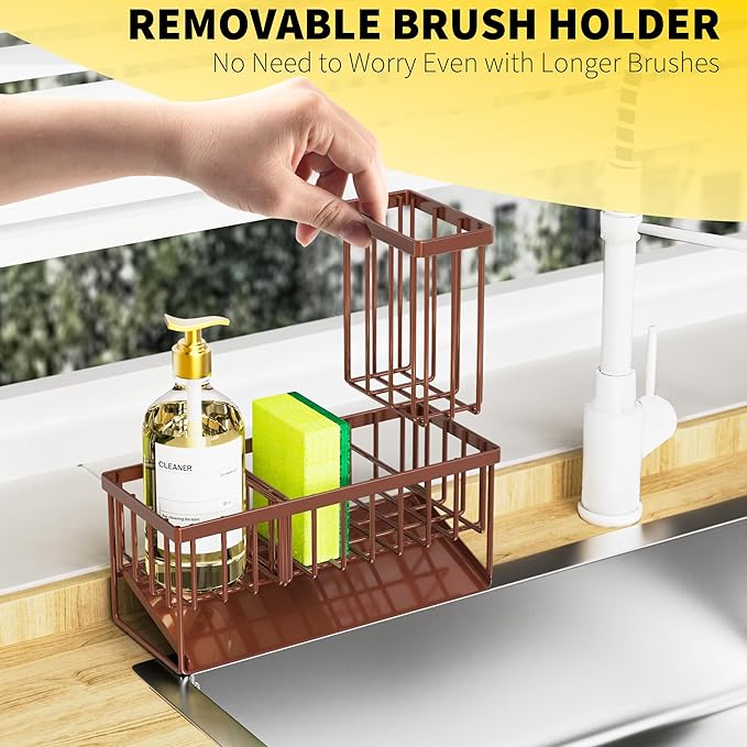 Cisily Kitchen Sink Caddy, Sponge Holder for Kitchen Sink, Kitchen Sink Organzier and Storage with High Brush Holder, Rustproof 304 Stainless Kitchen Gadgets Sink Accessories(Brown)