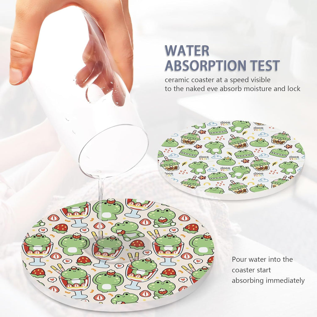 6 Pcs Coasters for Drinks with Holder, Cute Frog Absorbent Ceramic Coasters with Cork Base,Cute Funny Table Drinks Coasters Tabletop Protection Mat,Table Home Decor,4 Inches