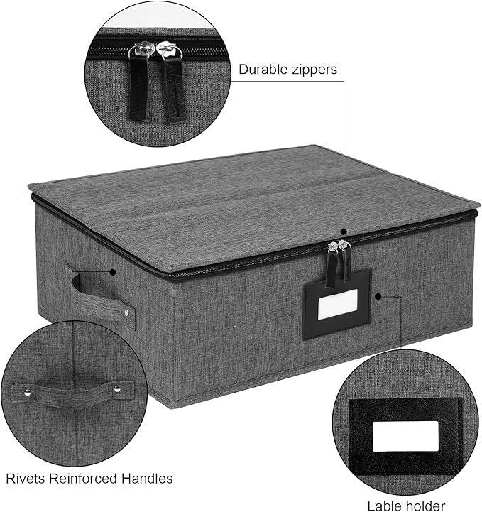 Mug Storage Box with Dividers, China Storage Containers for Tea Cups and Coffee Mugs with Zipper Lid and Rivet Reinforced Handles, Hard Shell and Stackable (Black)