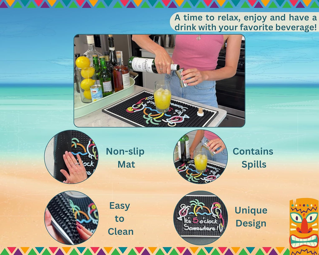 It's 5 O'Clock Somewhere Sign Rubber Bar Mats for Bartending 18x12 in, Bar Mats for Countertop Tiki Decor, Tiki and Outdoor Accessories, Aloha & Luau Party Decorations and Hawaiian Party Decorations