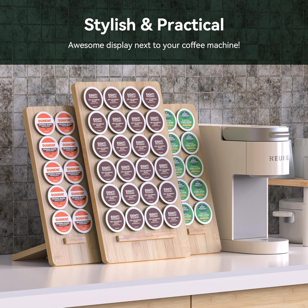 Bamboo K-Cup Holder Display Set of 3 – 44 Cup Capacity Coffee Pod Organizer Stand for Keurig, No Assembly Required, Stylish Kitchen Counter Coffee Station Organizer for Home & Office