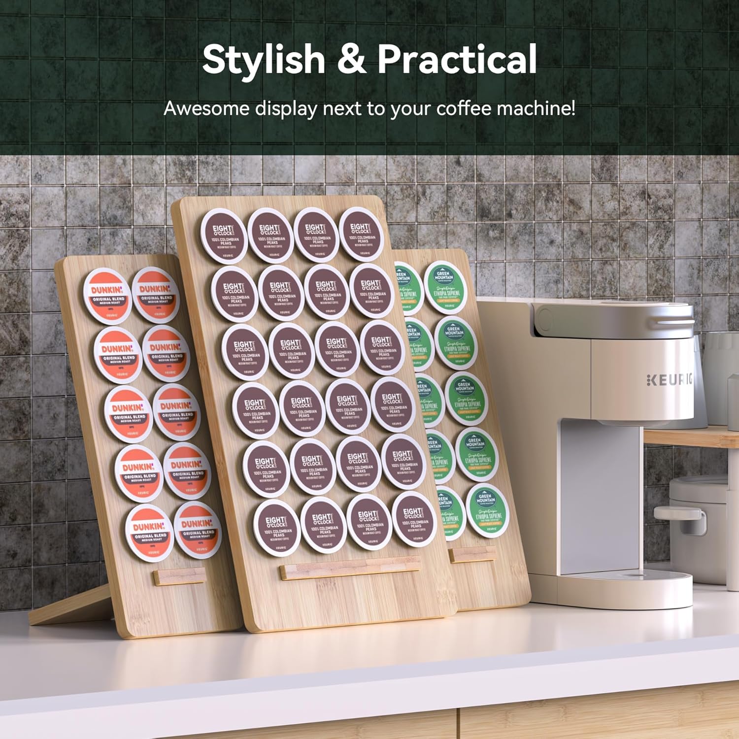 Bamboo K-Cup Holder Display Set of 3 – 44 Cup Capacity Coffee Pod Organizer Stand for Keurig, No Assembly Required, Stylish Kitchen Counter Coffee Station Organizer for Home & Office