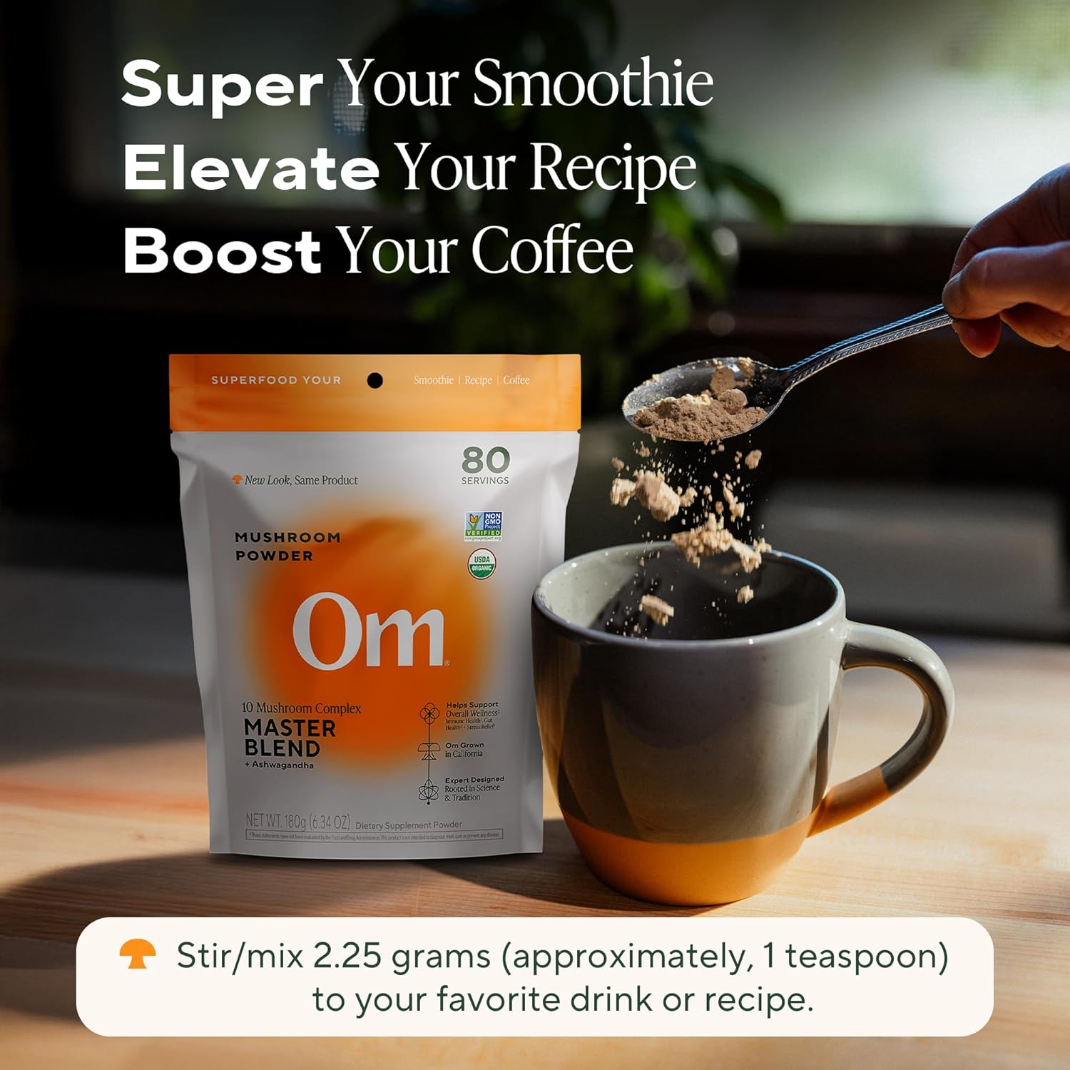 Om Master Blend Mushroom Powder – Organic Mushroom Supplement with 10 Mushrooms and Ashwagandha - Support Immunity, Gut Health & Stress Relief, 6.34 oz (80 Servings)