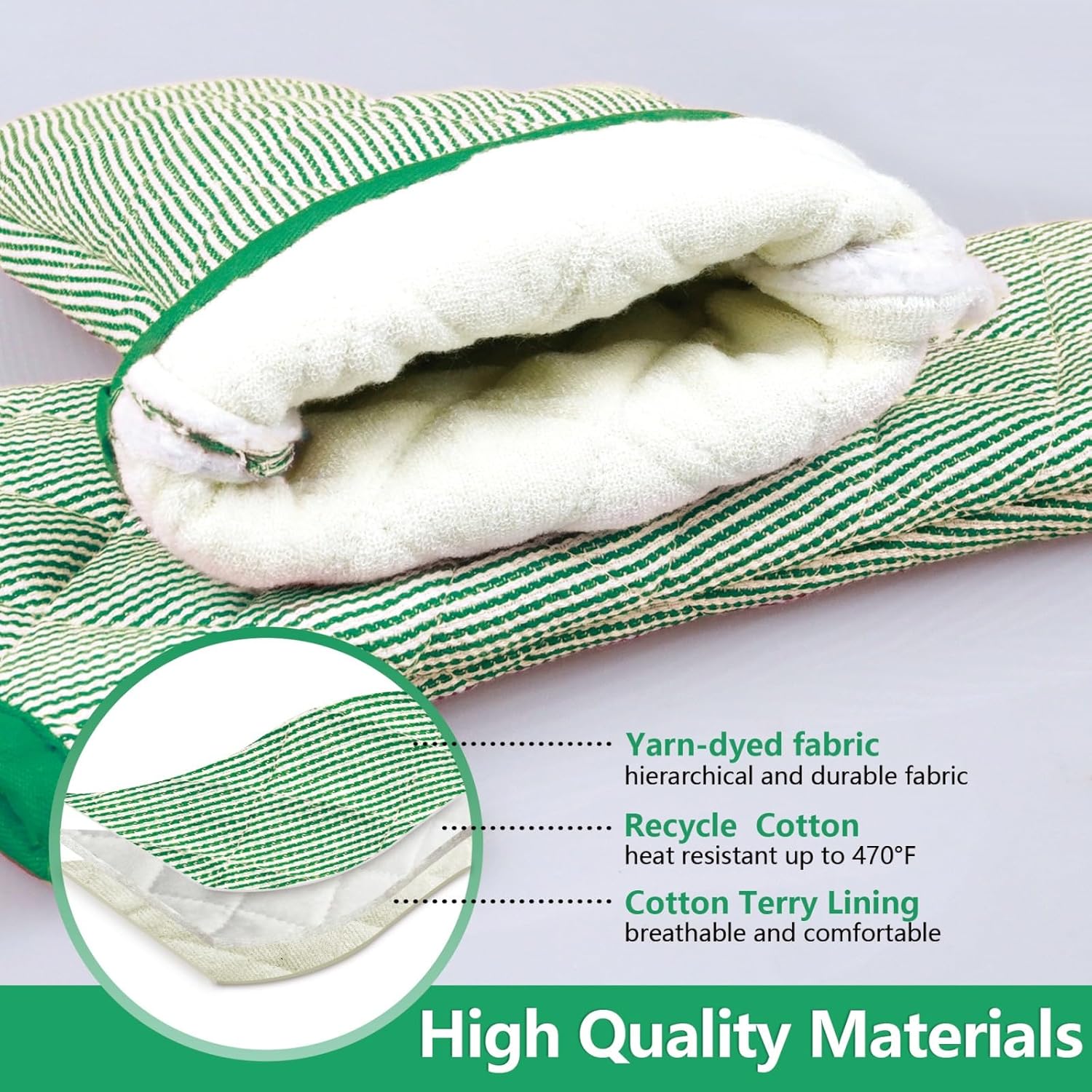 1 Pair Yarn Dyed Oven Mitts 100% Cotton Heat Resistant 470 Degree Gloves Men Women Cooking Baking Barbecue BBQ Microwave Crafting Machine Washable Pot Holders Mittens (Green)