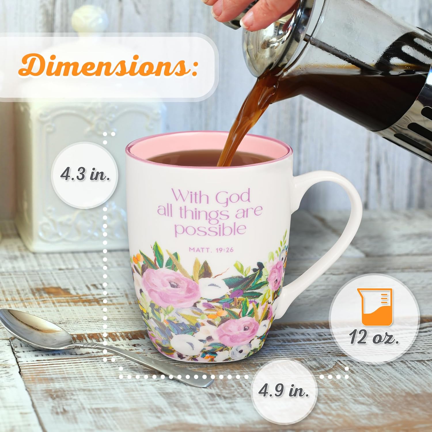 Christian Art Gifts Inspirational Ceramic Coffee & Tea Scripture Mug for Women: All Things are Possible Encouraging Bible Verse, Cute Microwave & Dishwasher Safe Drinkware, White & Pink Floral, 12 oz.